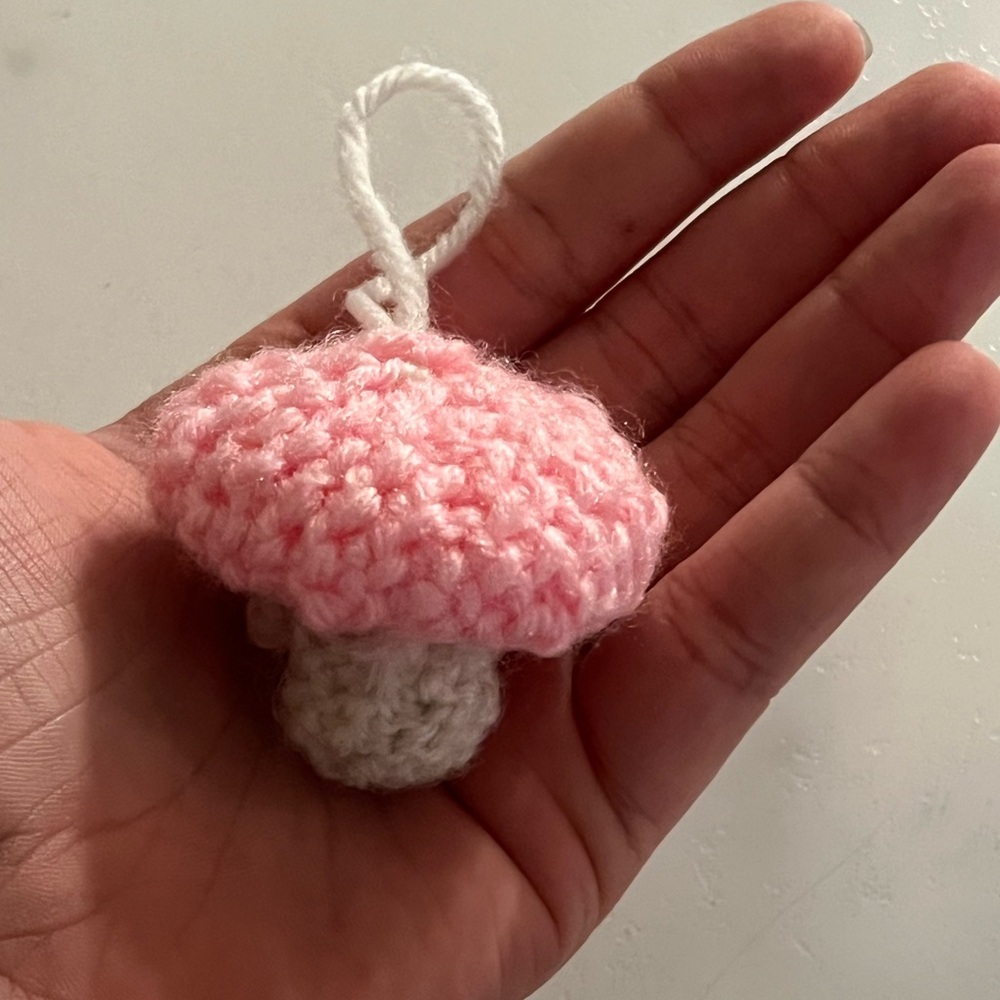 Cute Crocheted Pink Mushroom Keychain